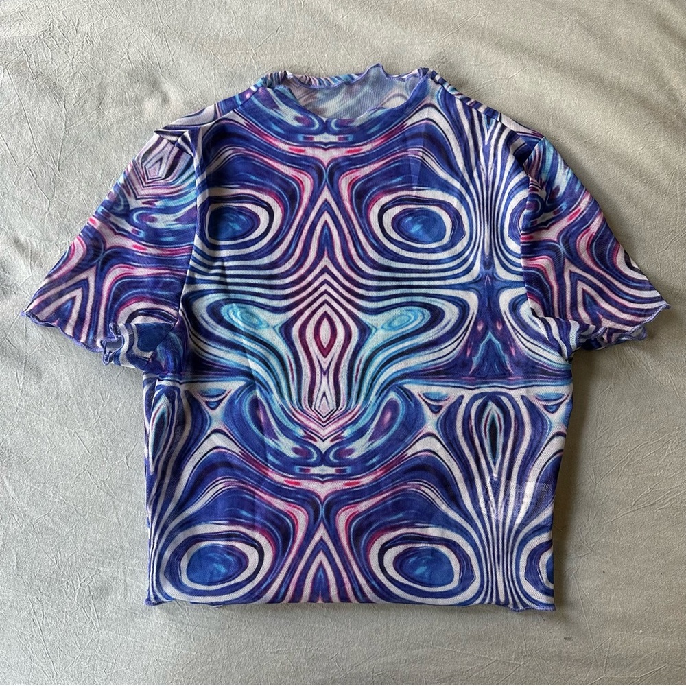 Mesh blue / purple / pink swirl crop top